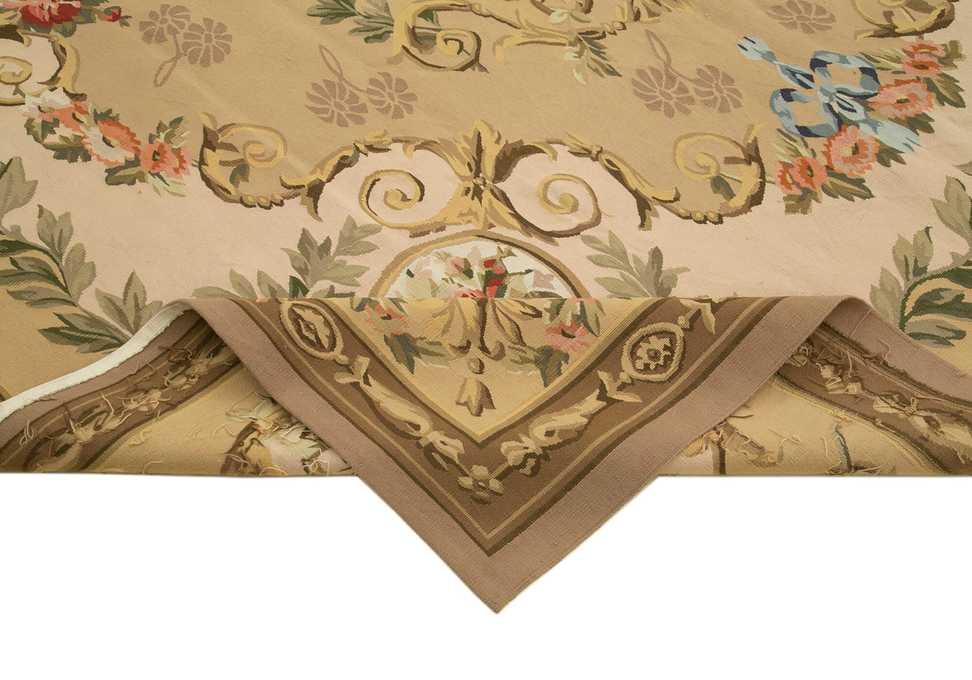 Aubusson Floral Bej Çiçekli Pamuk Yün El Dokuma Halısı 269x338 Agacan