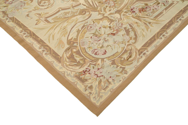 Aubusson Floral Bej Çiçekli Pamuk Yün El Dokuma Halısı 270x367 Agacan