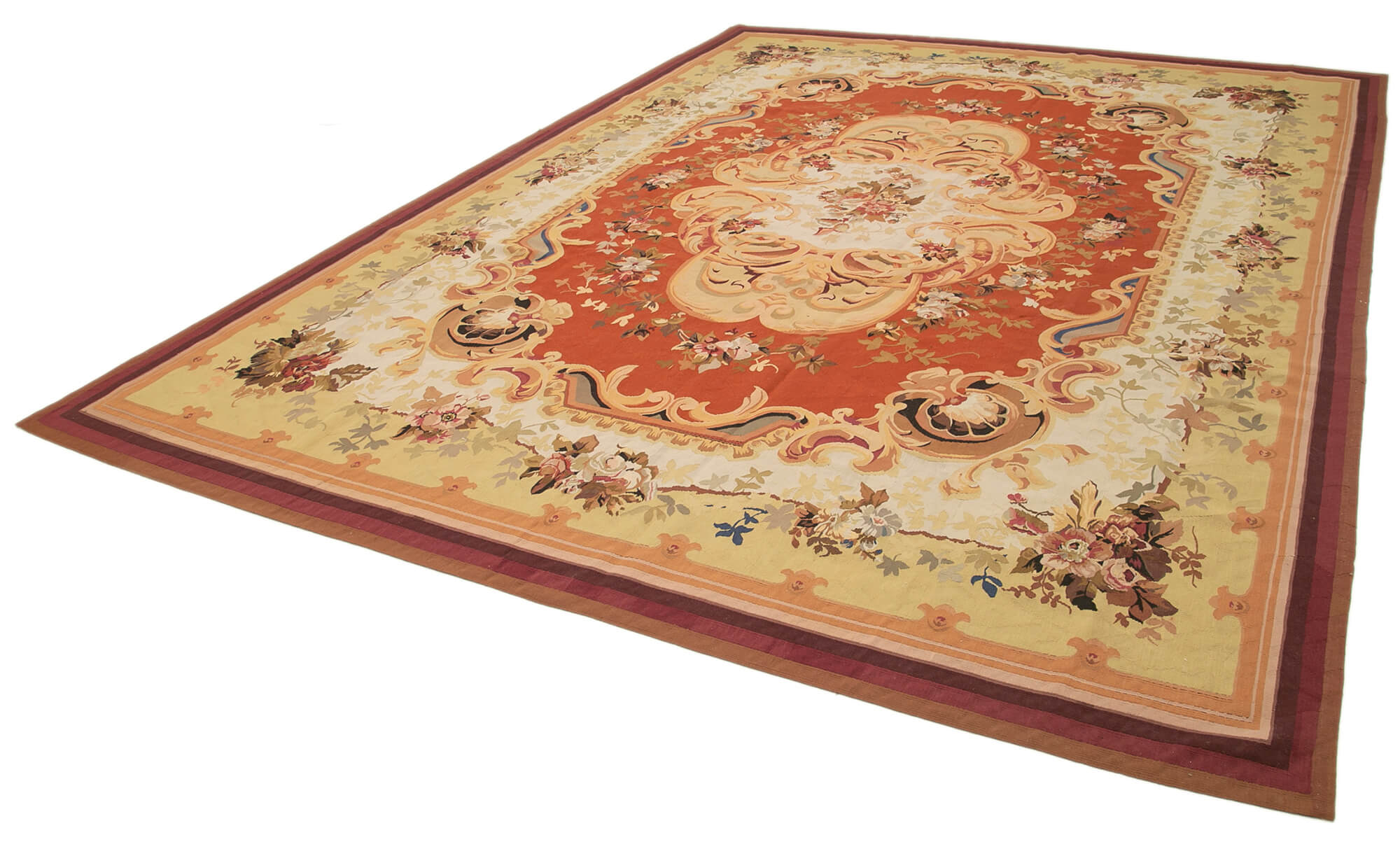 Aubusson Floral Bej Çiçekli Pamuk Yün El Dokuma Halısı 304x424 Agacan
