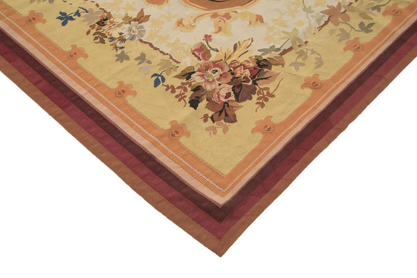 Aubusson Floral Bej Çiçekli Pamuk Yün El Dokuma Halısı 304x424 Agacan