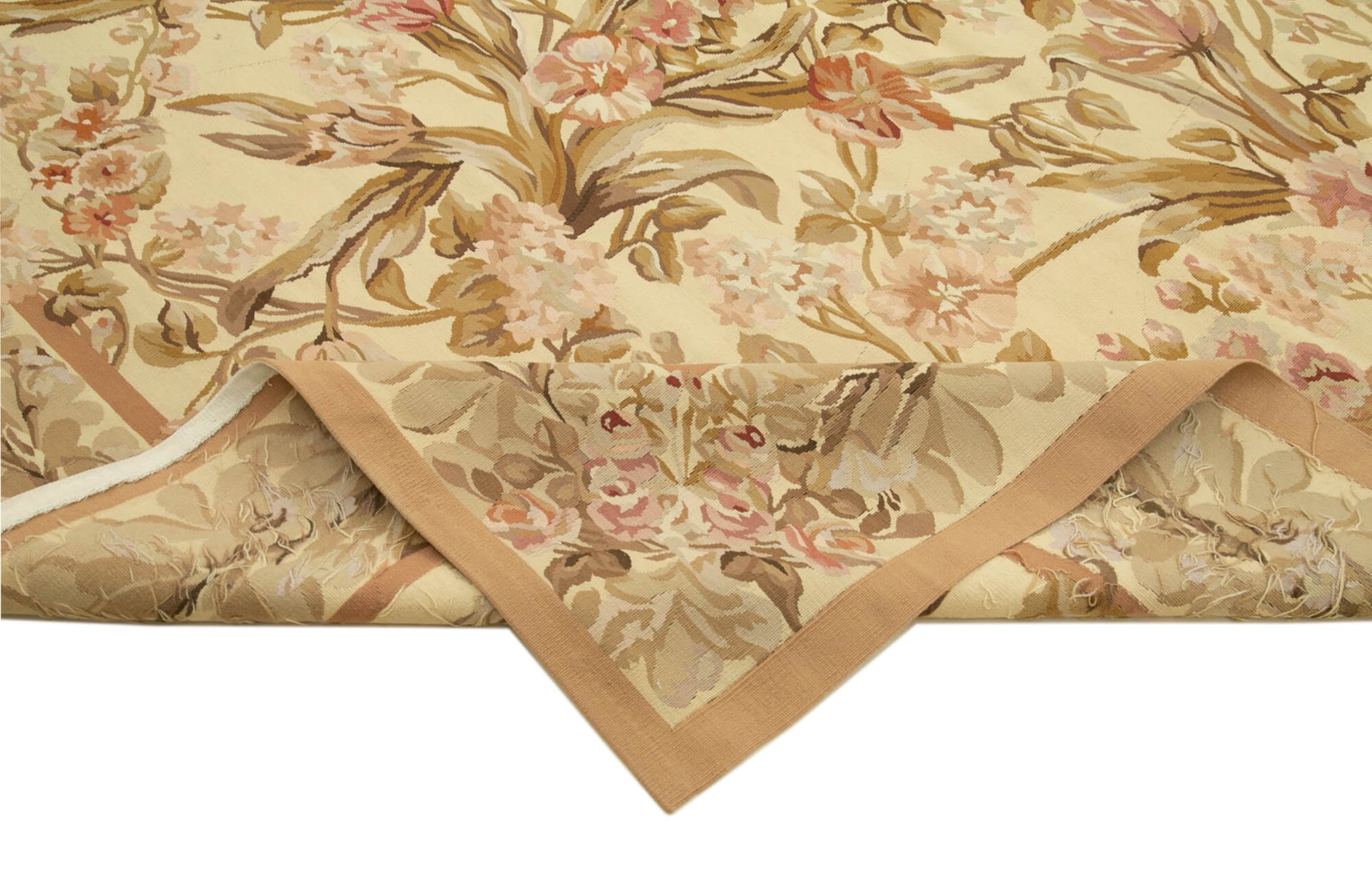 Aubusson Floral Bej Çiçekli Pamuk Yün El Dokuma Halısı 296x433 Agacan