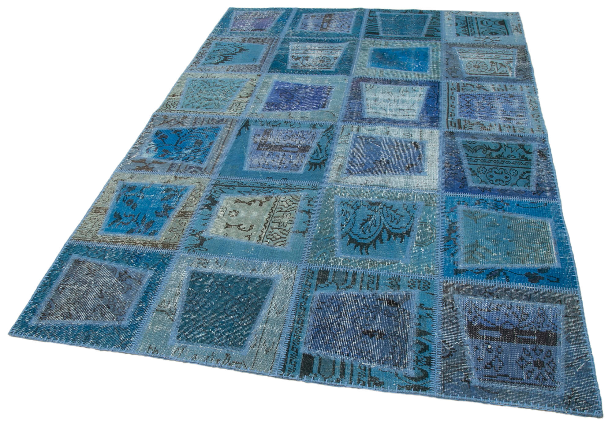 Kırk Yama Mavi Patchwork Pamuk Yün El Dokuma Halısı 159x240 Agacan