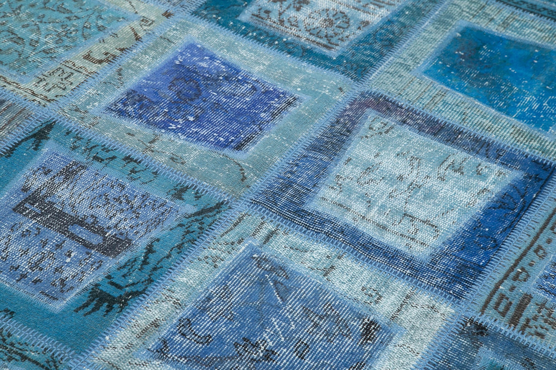 Kırk Yama Mavi Patchwork Pamuk Yün El Dokuma Halısı 159x240 Agacan