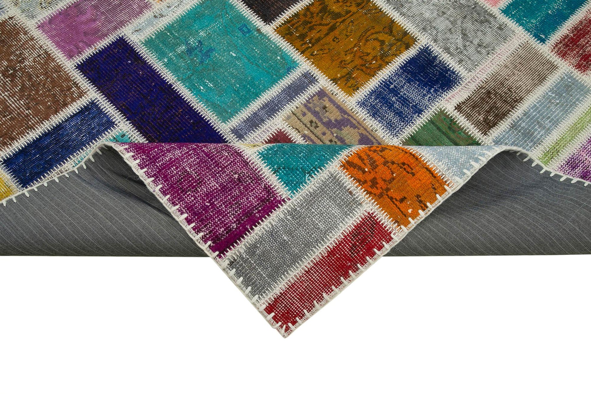 Kırk Yama Gri Patchwork Pamuk Yün El Dokuma Halısı 209x297 Agacan