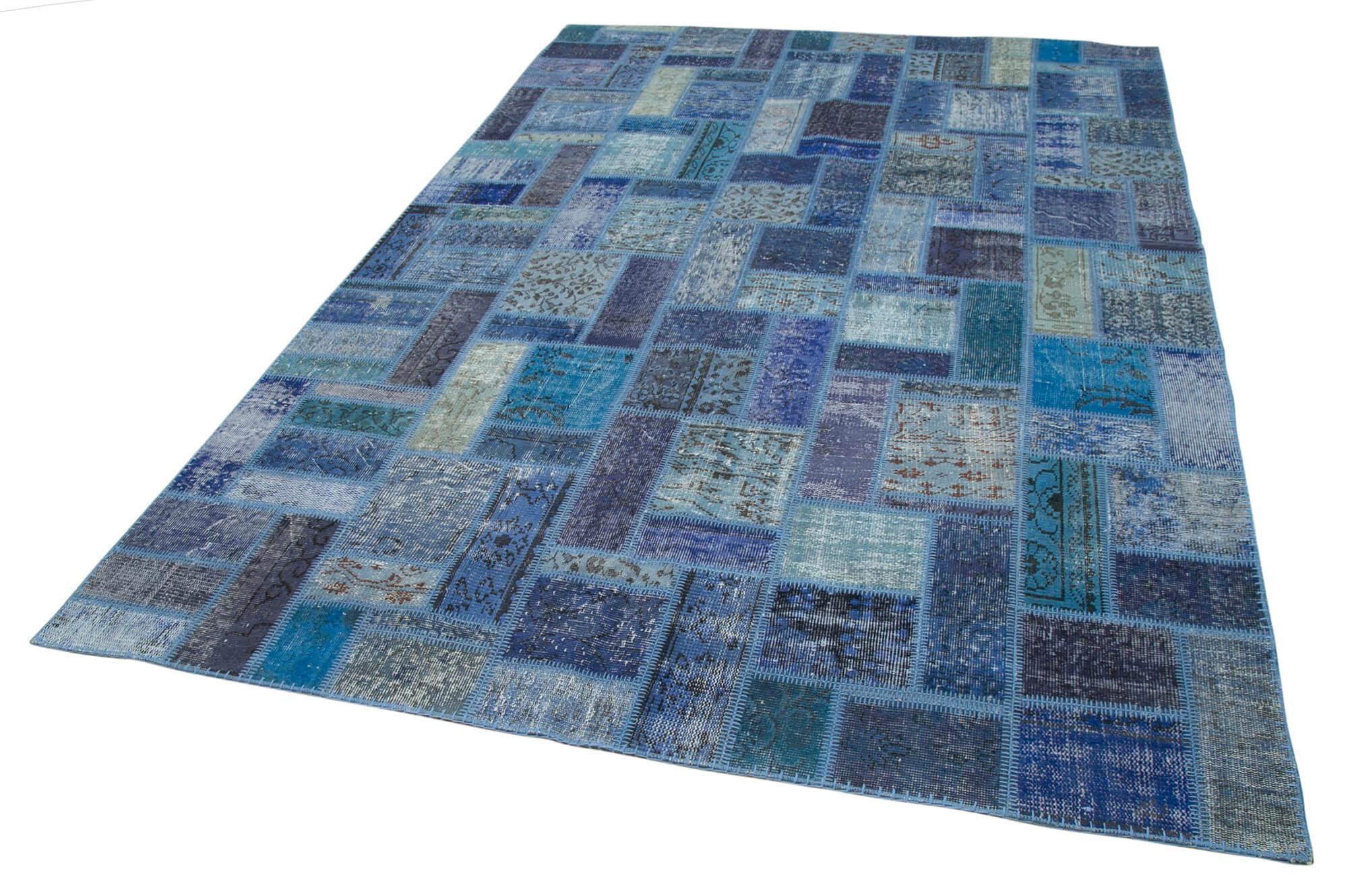 Kırk Yama Mavi Patchwork Pamuk Yün El Dokuma Halısı 200x298 Agacan