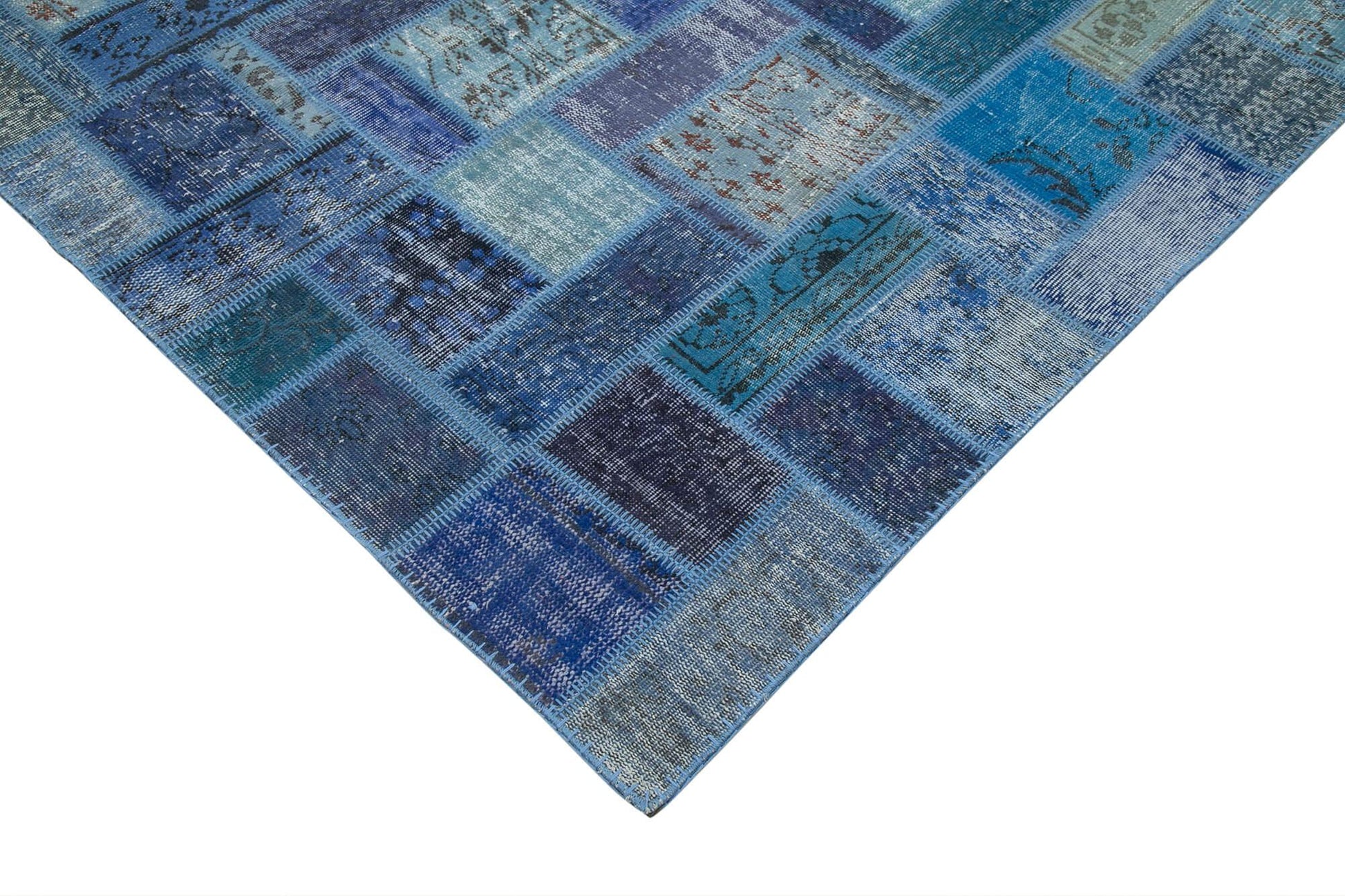 Kırk Yama Mavi Patchwork Pamuk Yün El Dokuma Halısı 200x298 Agacan
