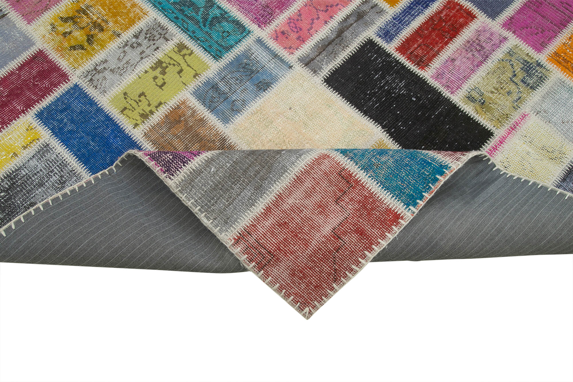 Kırk Yama Gri Patchwork Pamuk Yün El Dokuma Halısı 210x297 Agacan