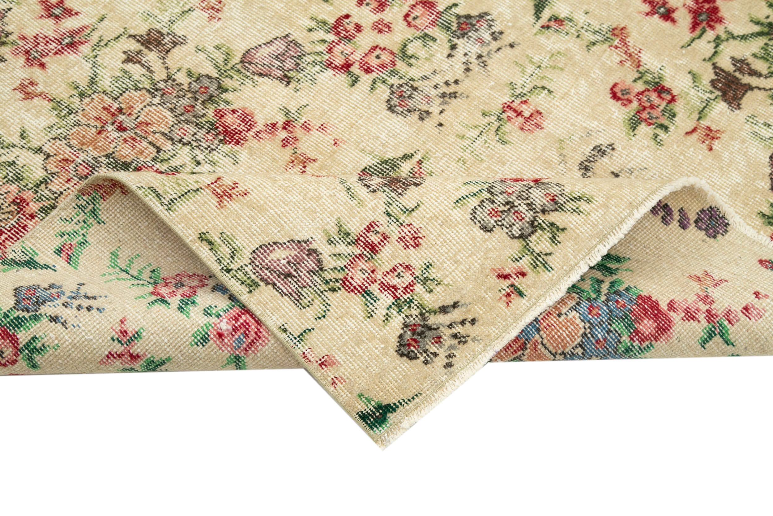 Vintage Bej Eskitme Pamuk Yün El Dokuma Halısı 157x255 Agacan