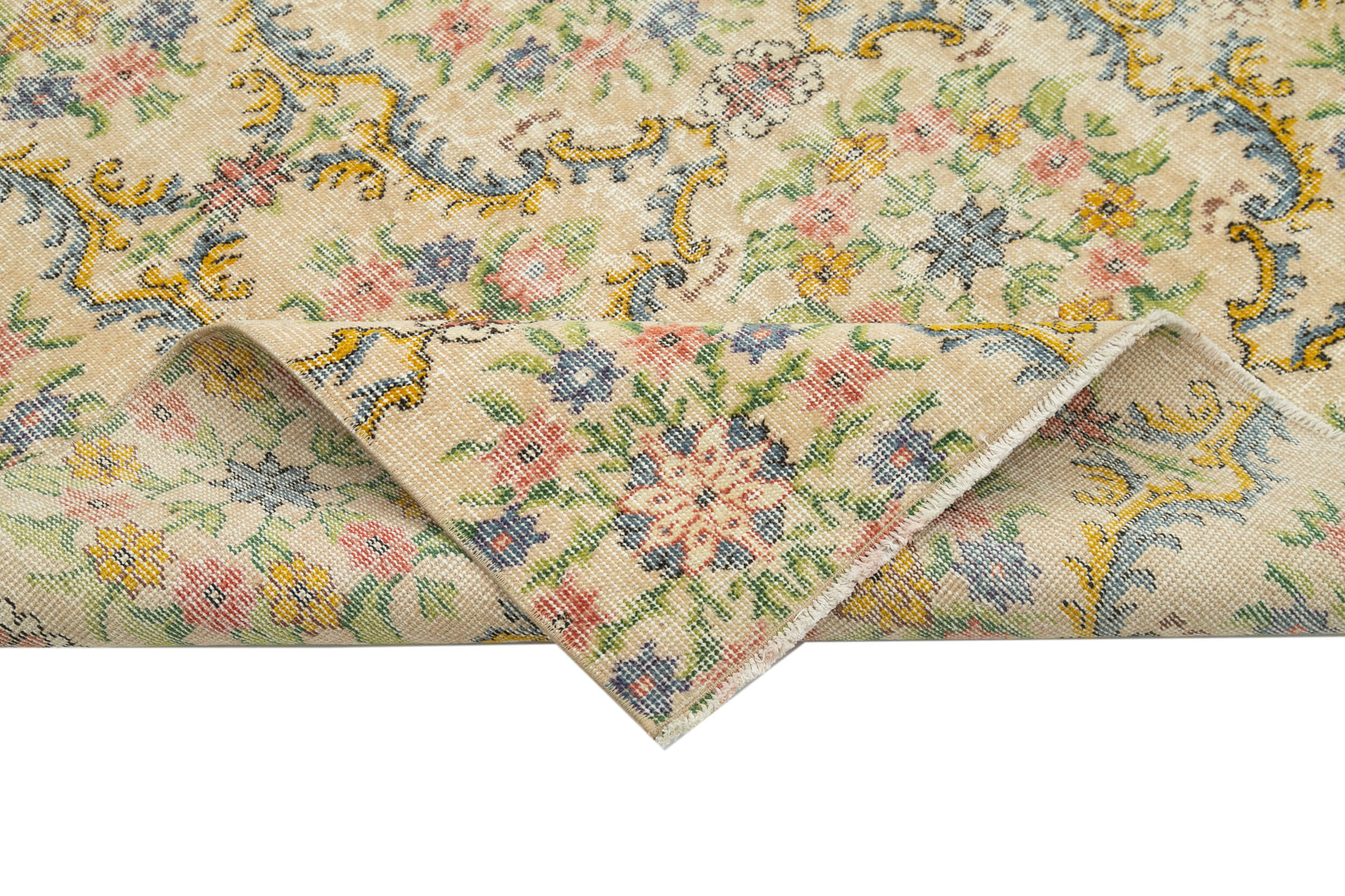 Vintage Bej Eskitme Pamuk Yün El Dokuma Halısı 161x267 Agacan