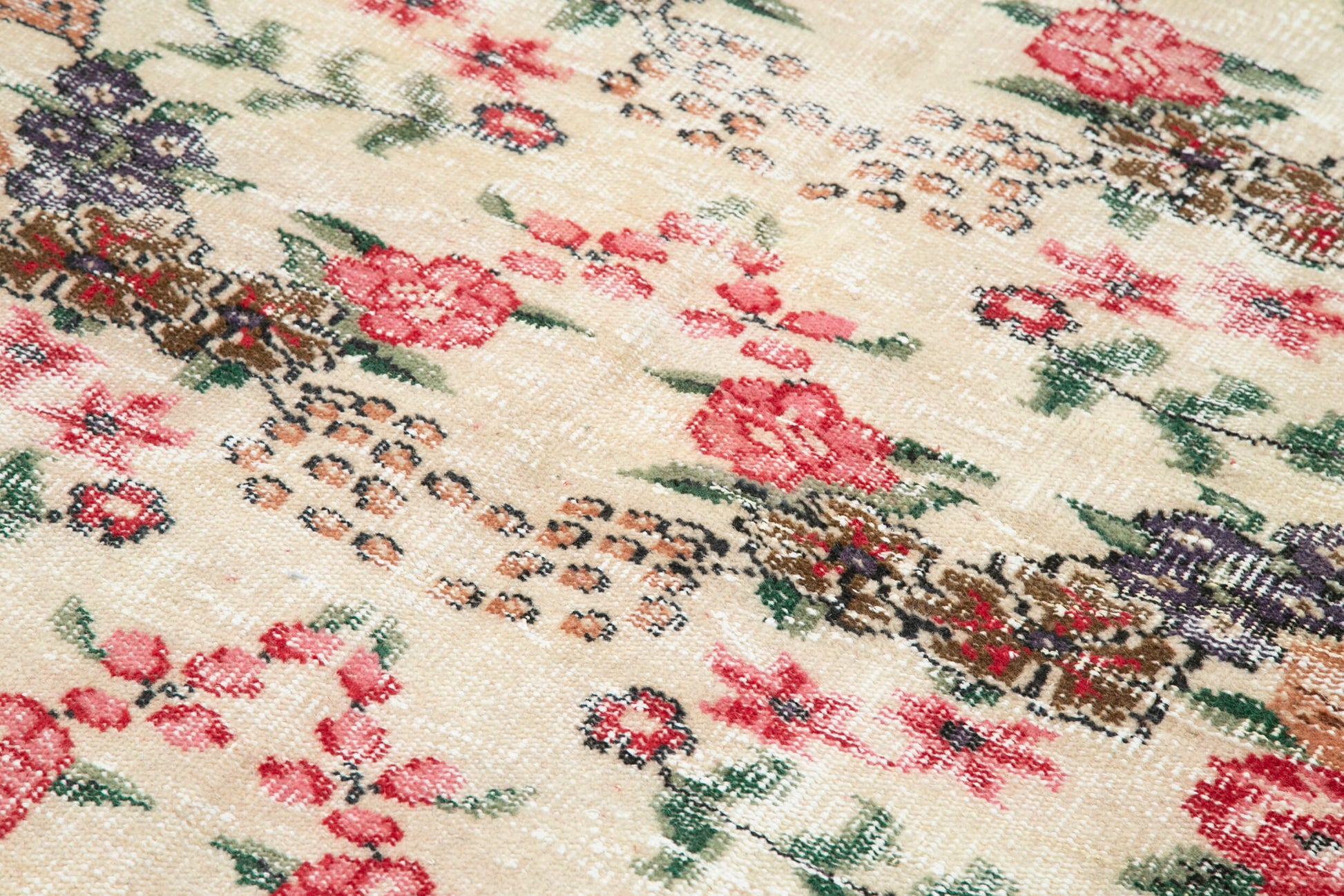 Vintage Bej Eskitme Pamuk Yün El Dokuma Halısı 160x262 Agacan