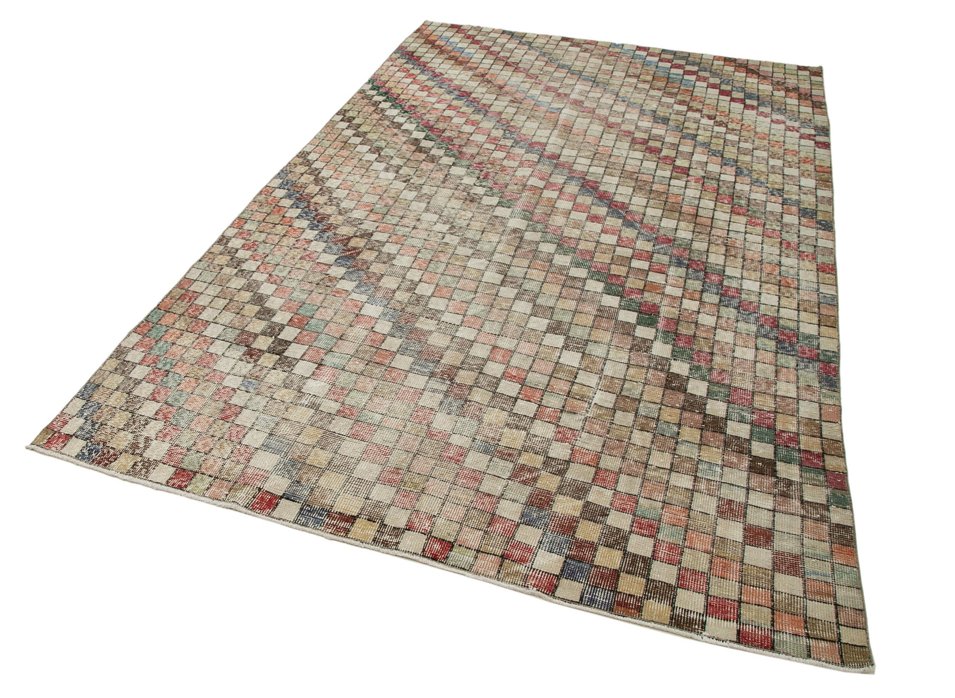Checkered Kilim Bej Damalı Pamuk Yün El Dokuma Halısı 168x268 Agacan