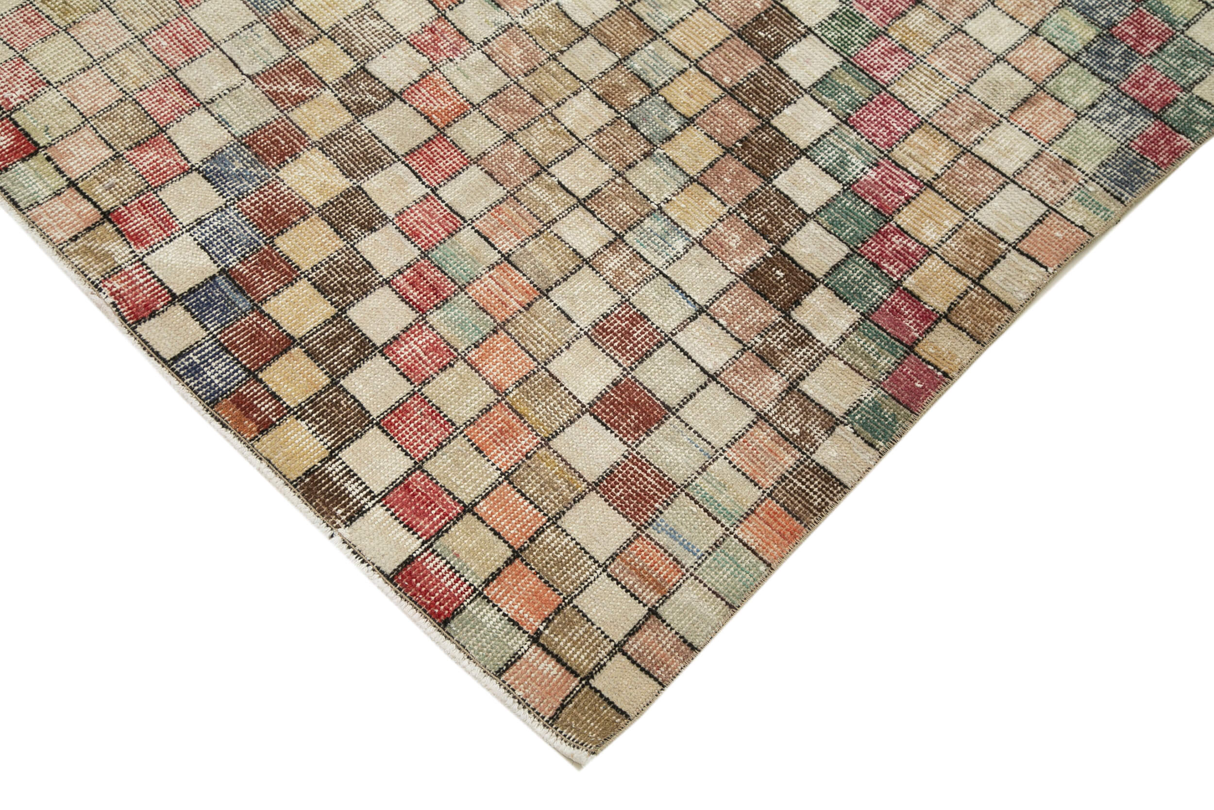 Checkered Kilim Bej Damalı Pamuk Yün El Dokuma Halısı 168x268 Agacan