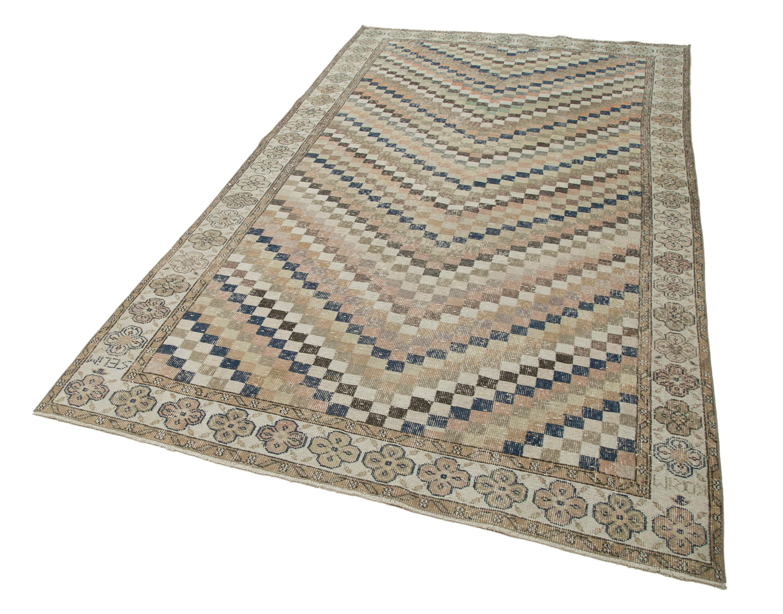 Checkered Kilim Bej Damalı Pamuk Yün El Dokuma Halısı 164x291 Agacan