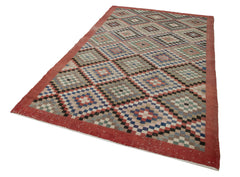 Checkered Kilim Kırmızı Damalı Pamuk Yün El Dokuma Halısı 176x285 Agacan
