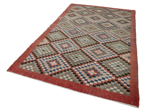 Checkered Kilim Kırmızı Damalı Pamuk Yün El Dokuma Halısı 176x285 Agacan