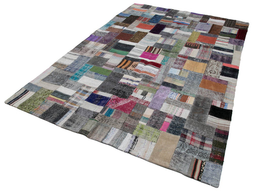 Kırk Yama Gri Patchwork Pamuk Yün El Dokuma Halısı 200x301 Agacan