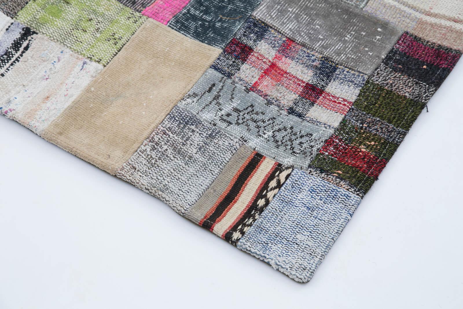 Kırk Yama Gri Patchwork Pamuk Yün El Dokuma Halısı 200x301 Agacan