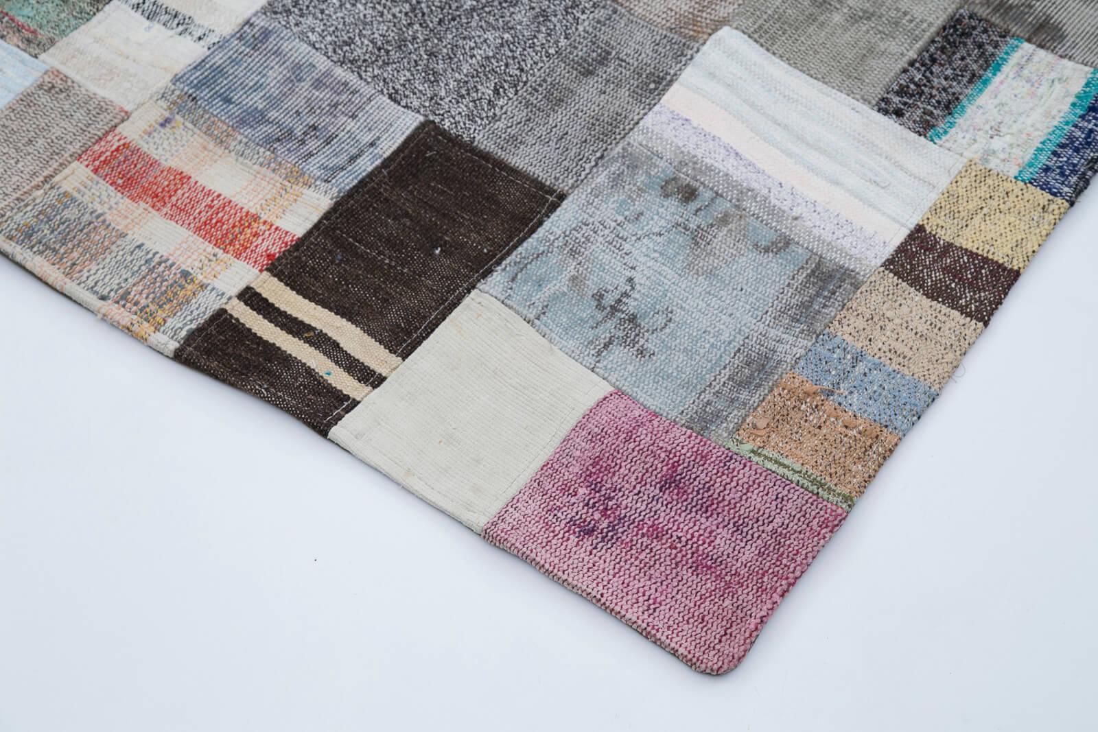 Kırk Yama Gri Patchwork Pamuk Yün El Dokuma Halısı 199x302 Agacan