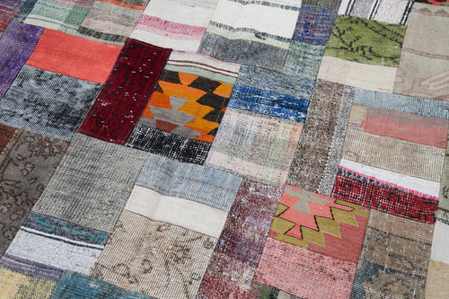 Kırk Yama Gri Patchwork Pamuk Yün El Dokuma Halısı 199x303 Agacan