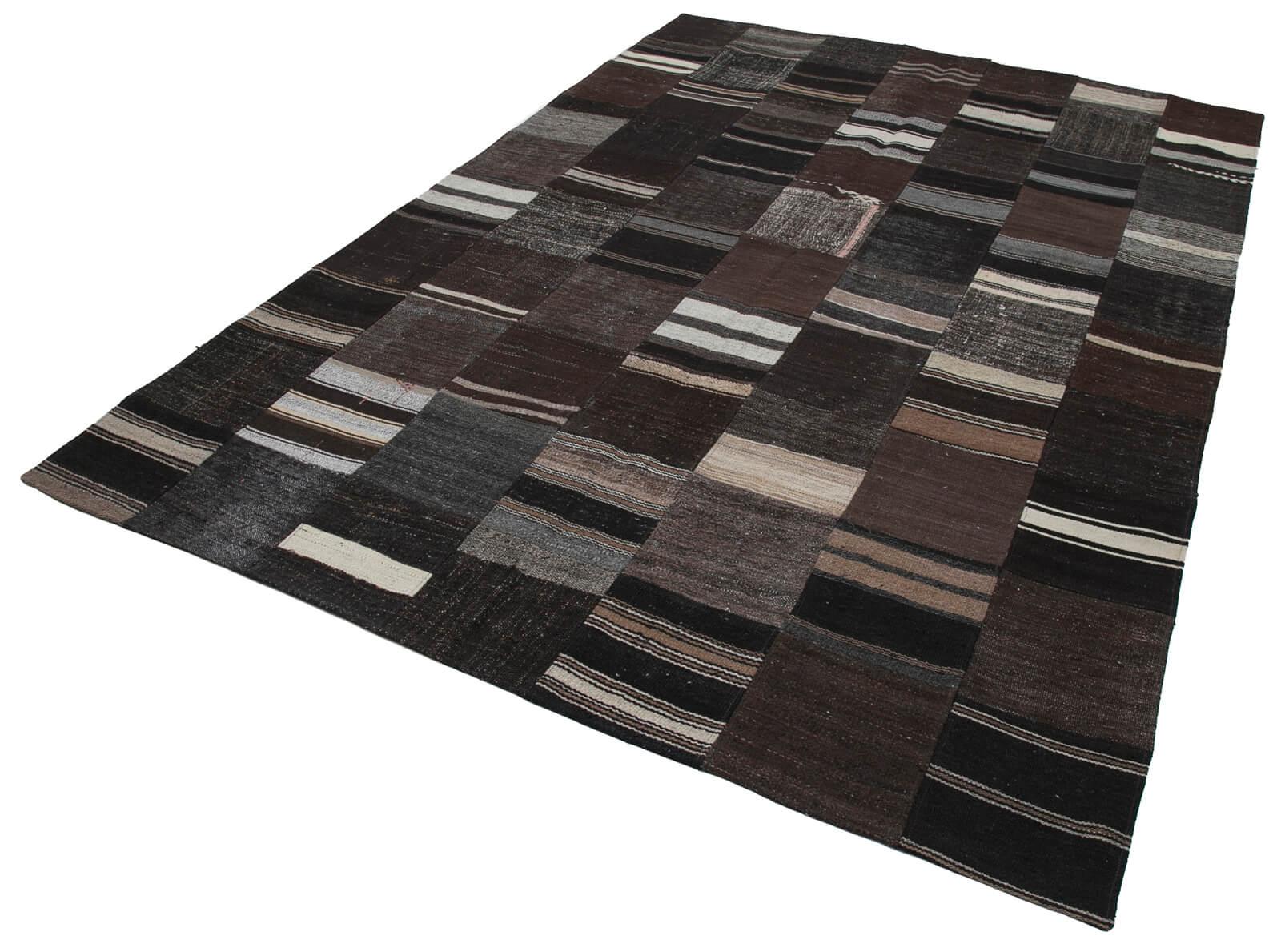 Kırk Yama Kahverengi Patchwork Pamuk Yün El Dokuma Halısı 212x303 Agacan