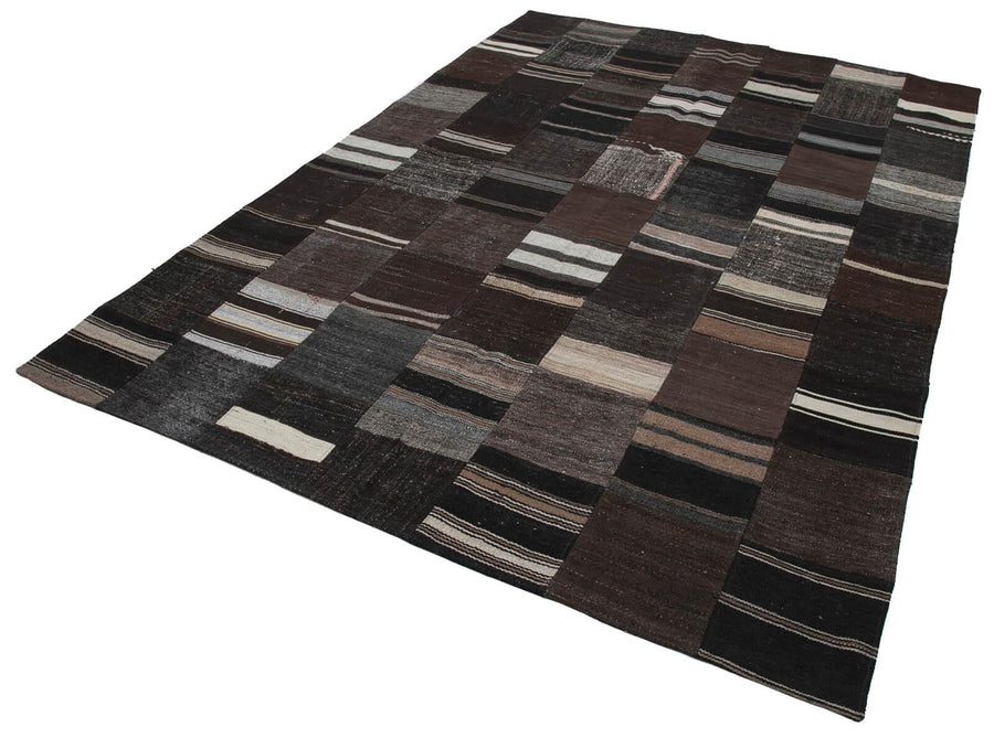 Kırk Yama Kahverengi Patchwork Pamuk Yün El Dokuma Halısı 212x303 Agacan