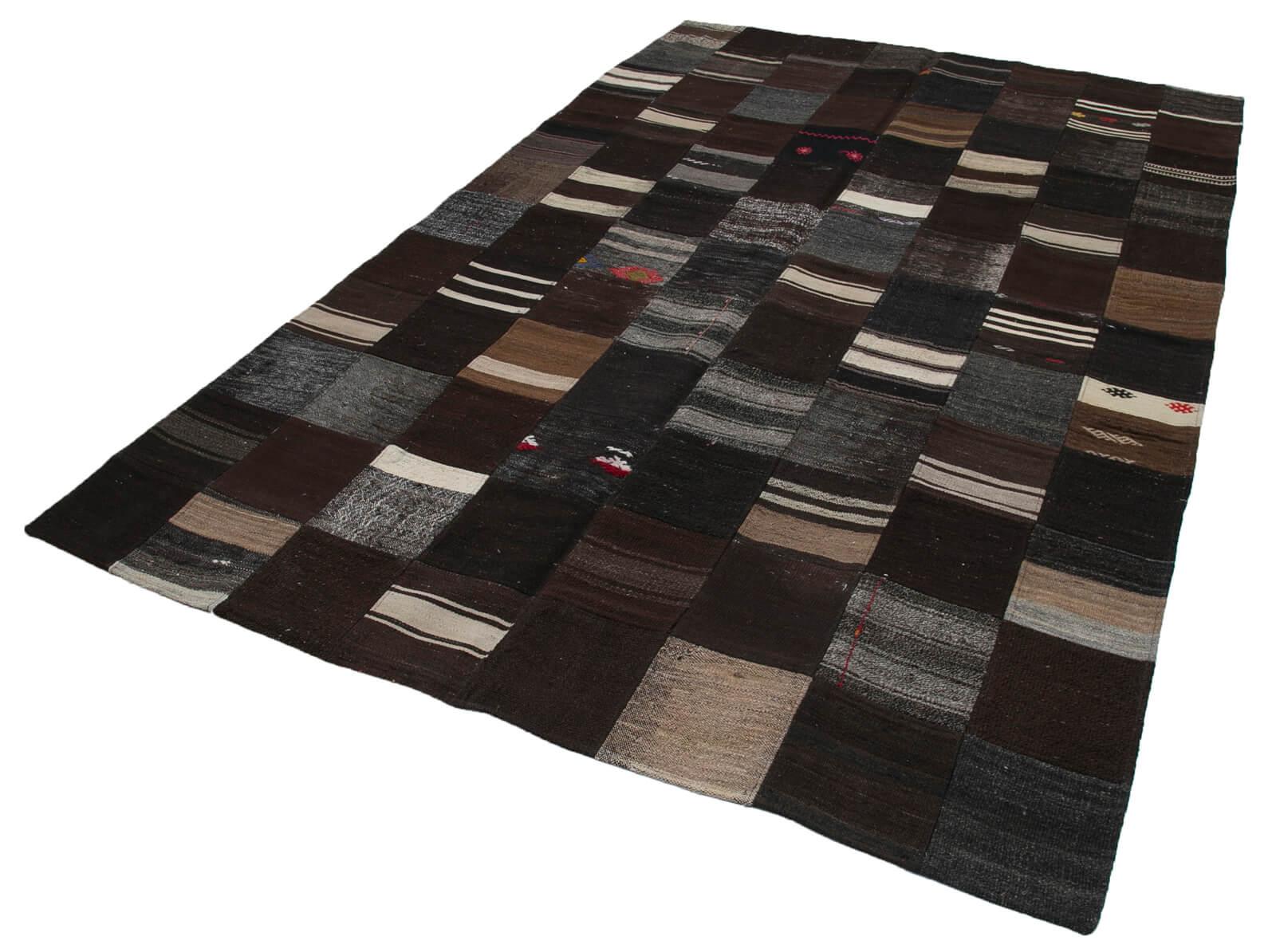 Kırk Yama Kahverengi Patchwork Pamuk Yün El Dokuma Halısı 201x298 Agacan