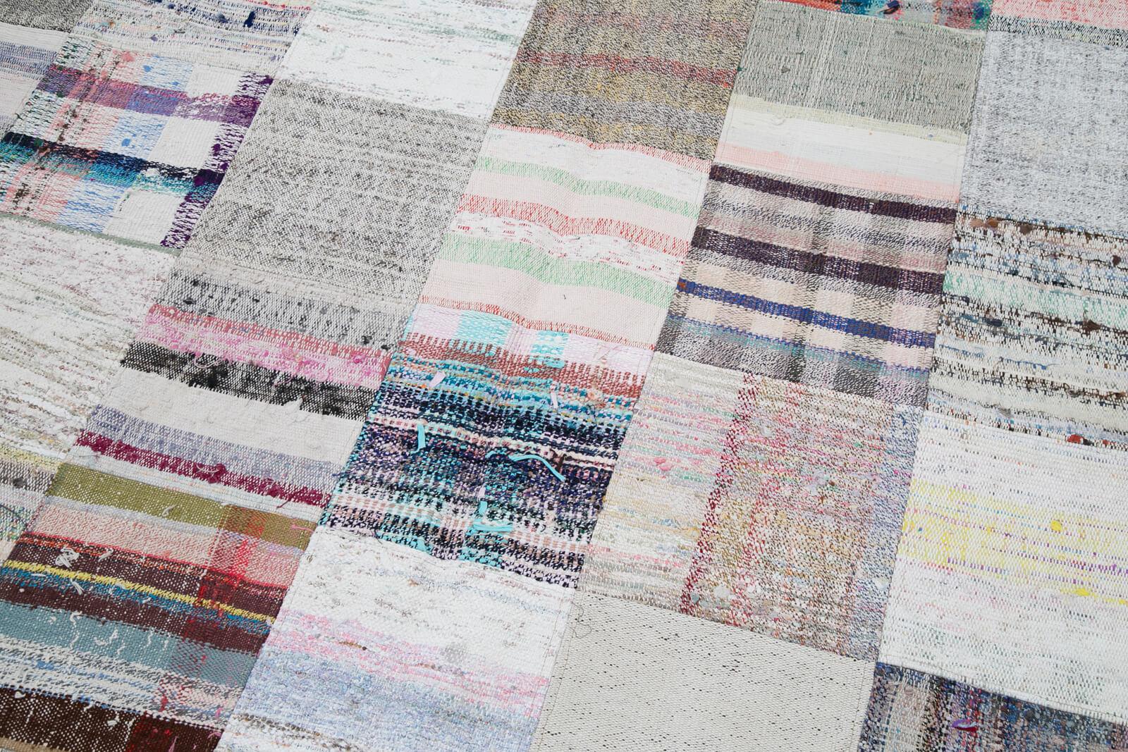Kırk Yama Beyaz Patchwork Pamuk Yün El Dokuma Halısı 212x305 Agacan