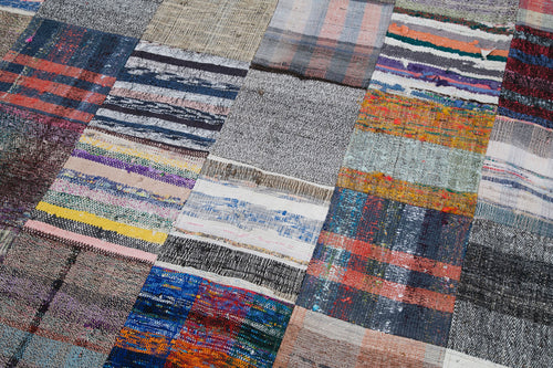Kırk Yama Gri Patchwork Pamuk Yün El Dokuma Halısı 211x305 Agacan
