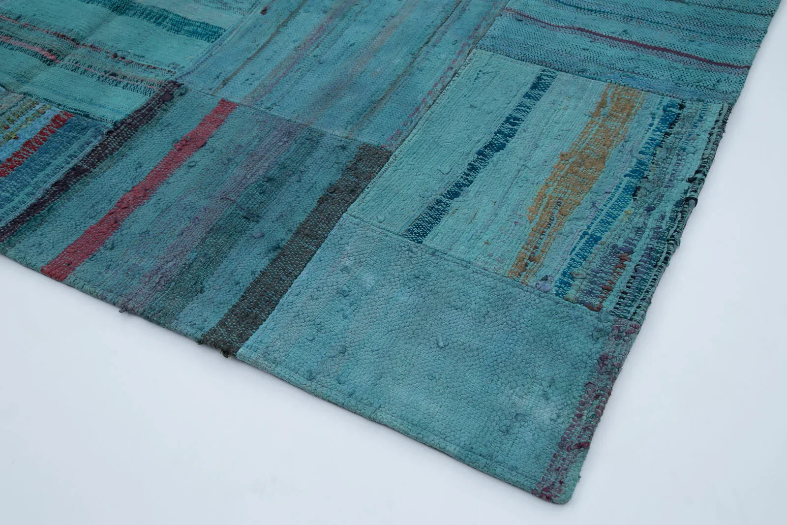 Kırk Yama Turkuaz Patchwork Pamuk Yün El Dokuma Halısı 203x308 Agacan