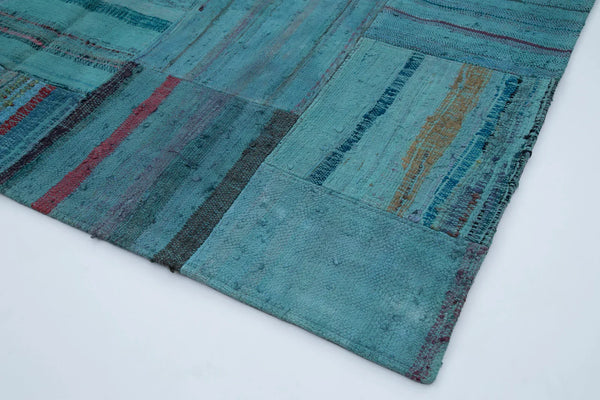 Kırk Yama Turkuaz Patchwork Pamuk Yün El Dokuma Halısı 203x308 Agacan