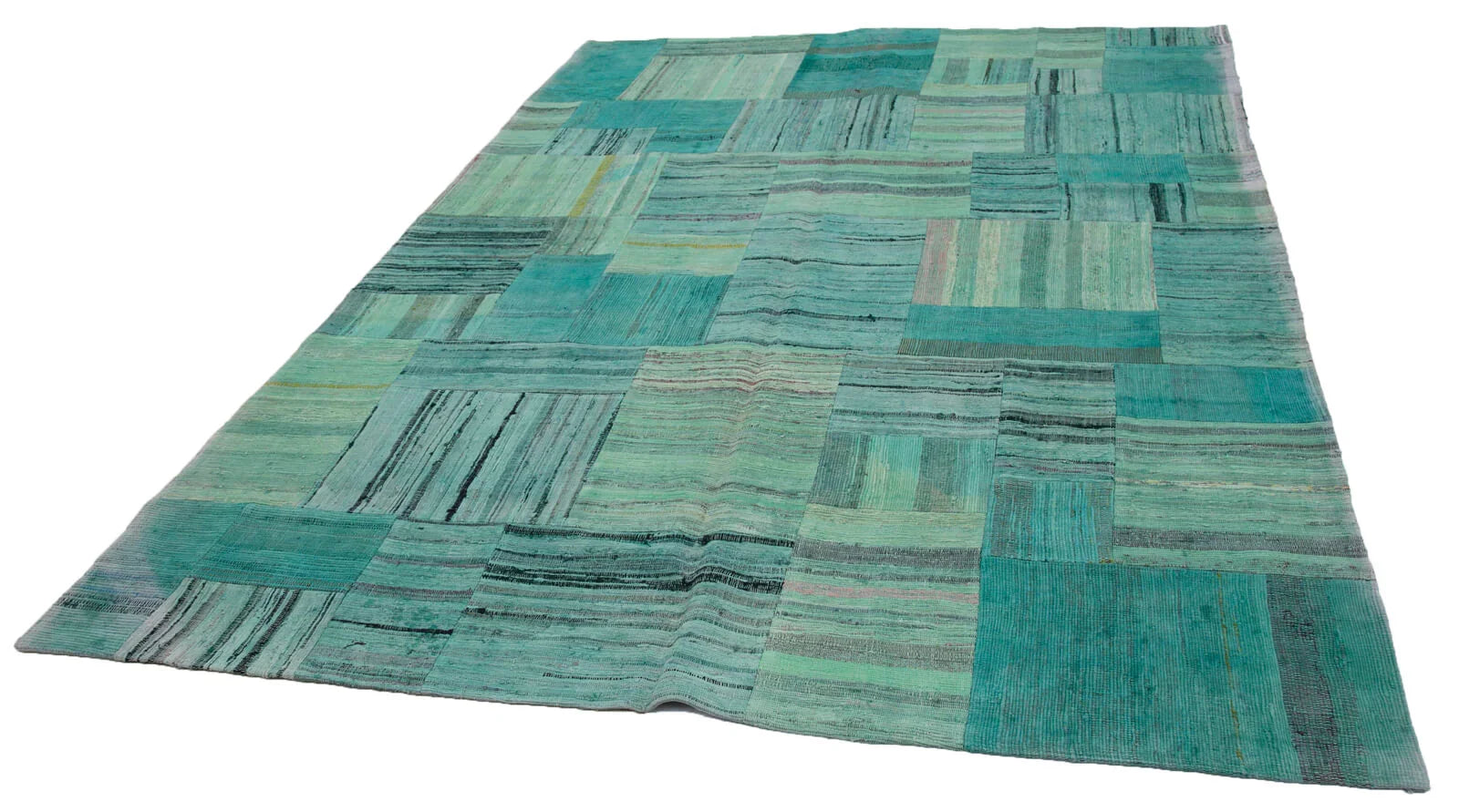 Kırk Yama Turkuaz Patchwork Pamuk Yün El Dokuma Halısı 210x296 Agacan