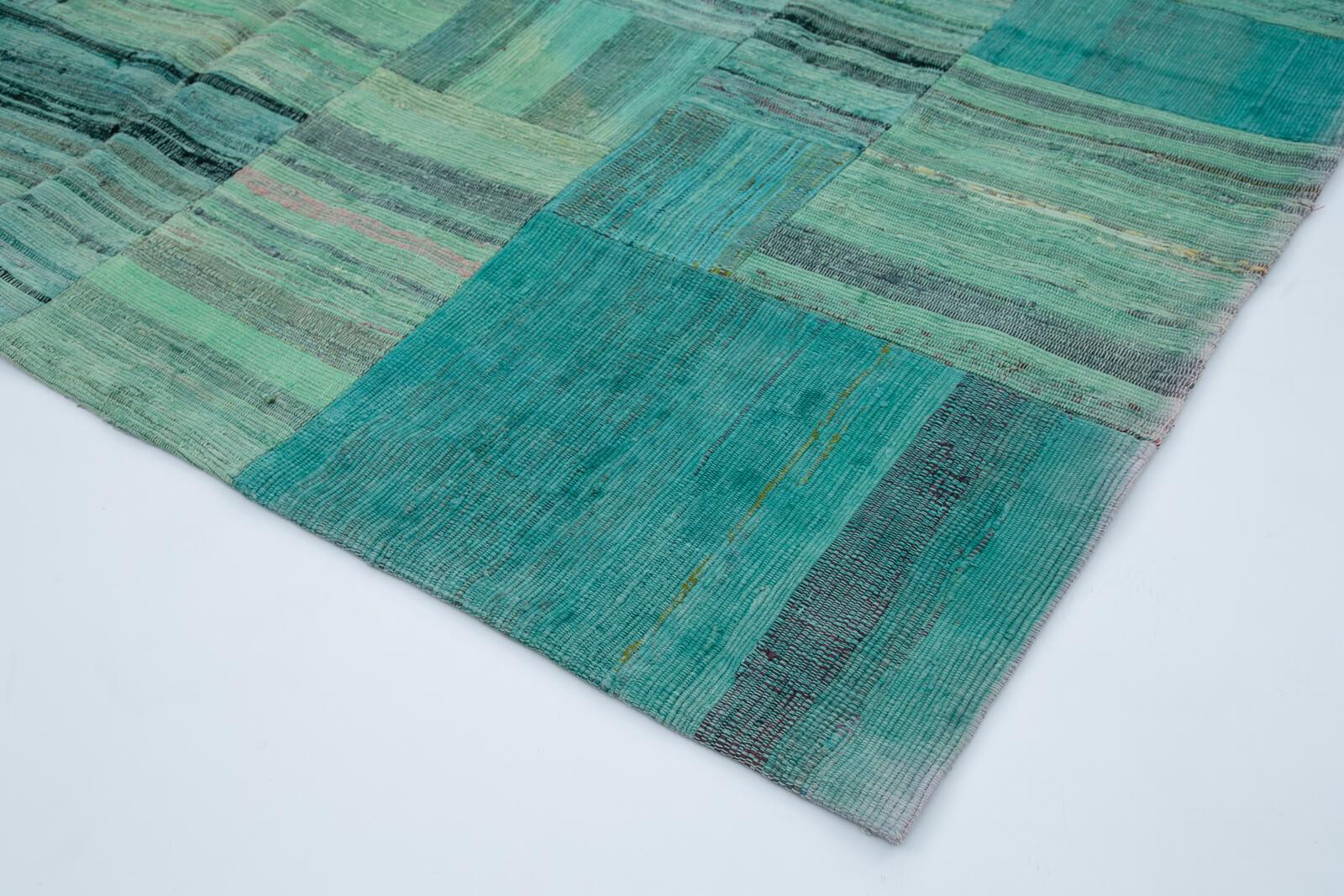 Kırk Yama Turkuaz Patchwork Pamuk Yün El Dokuma Halısı 210x296 Agacan