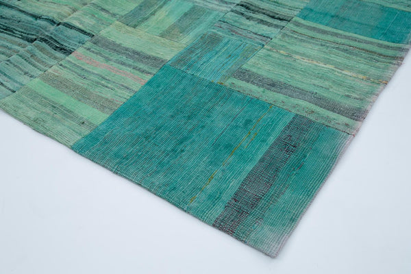 Kırk Yama Turkuaz Patchwork Pamuk Yün El Dokuma Halısı 210x296 Agacan