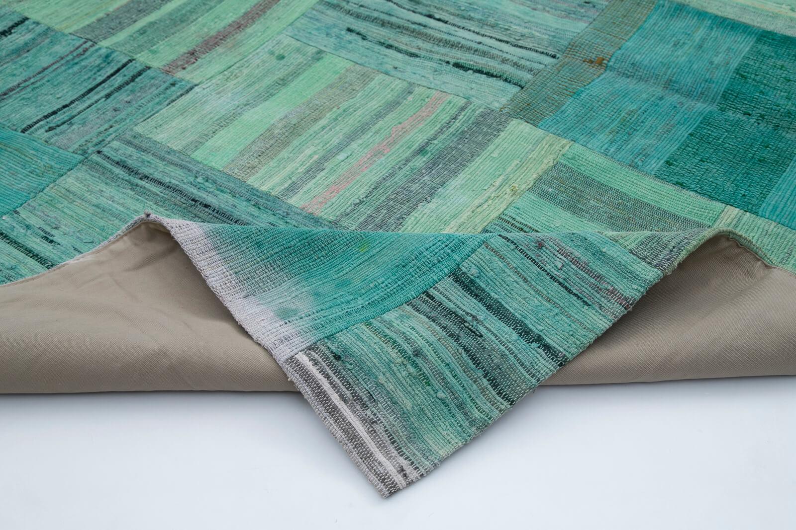 Kırk Yama Turkuaz Patchwork Pamuk Yün El Dokuma Halısı 210x296 Agacan