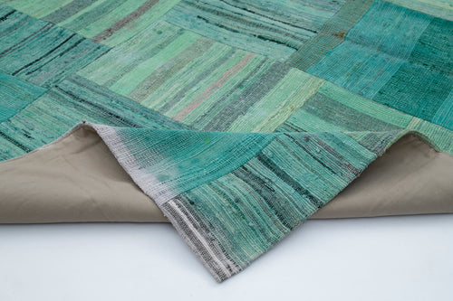 Kırk Yama Turkuaz Patchwork Pamuk Yün El Dokuma Halısı 210x296 Agacan