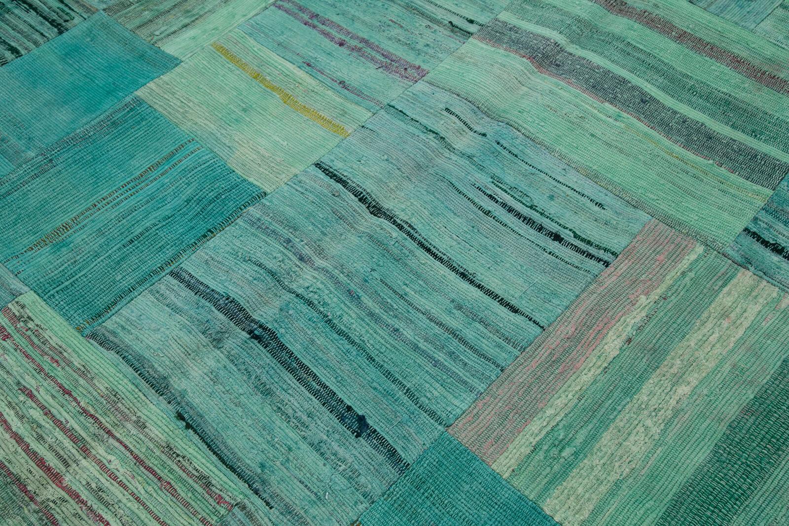Kırk Yama Turkuaz Patchwork Pamuk Yün El Dokuma Halısı 210x296 Agacan