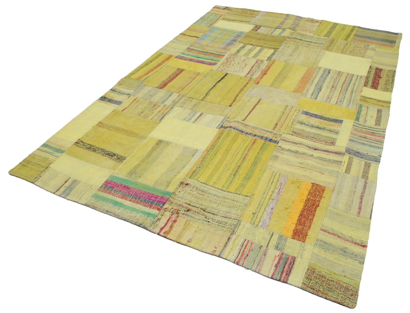 Kırk Yama Sarı Patchwork Pamuk Yün El Dokuma Halısı 204x298 Agacan