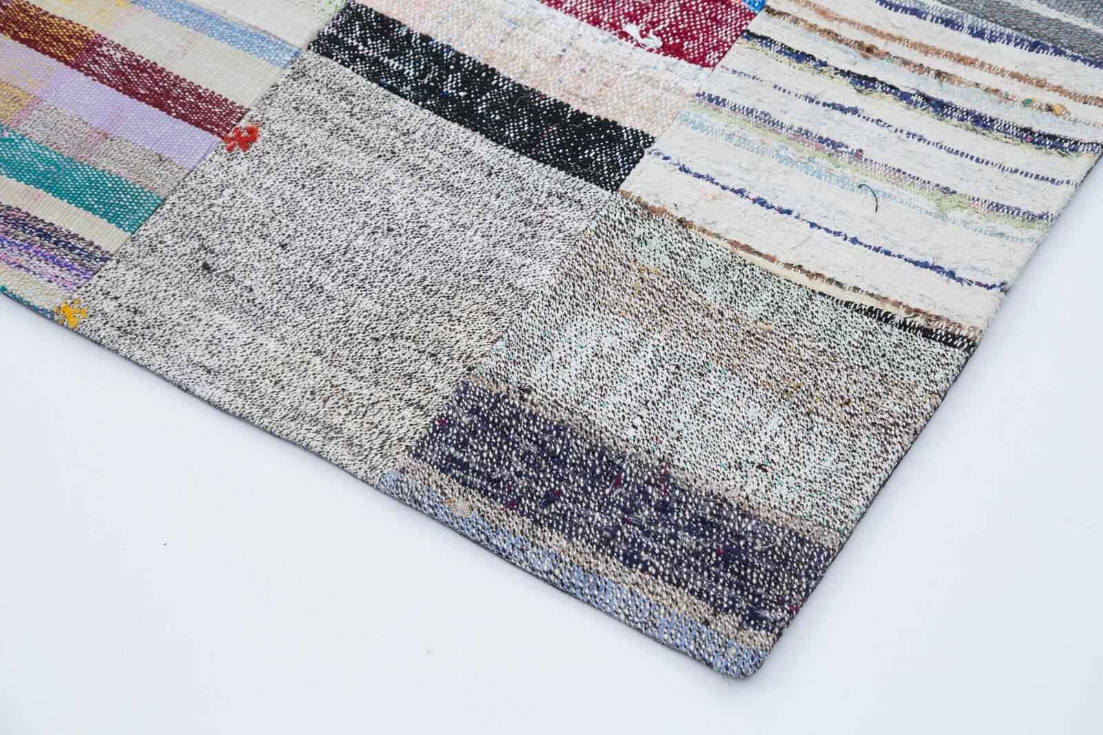 Kırk Yama Gri Patchwork Pamuk Yün El Dokuma Halısı 202x299 Agacan