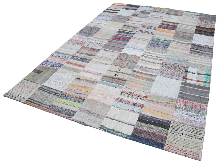 Kırk Yama Gri Patchwork Pamuk Yün El Dokuma Halısı 202x299 Agacan
