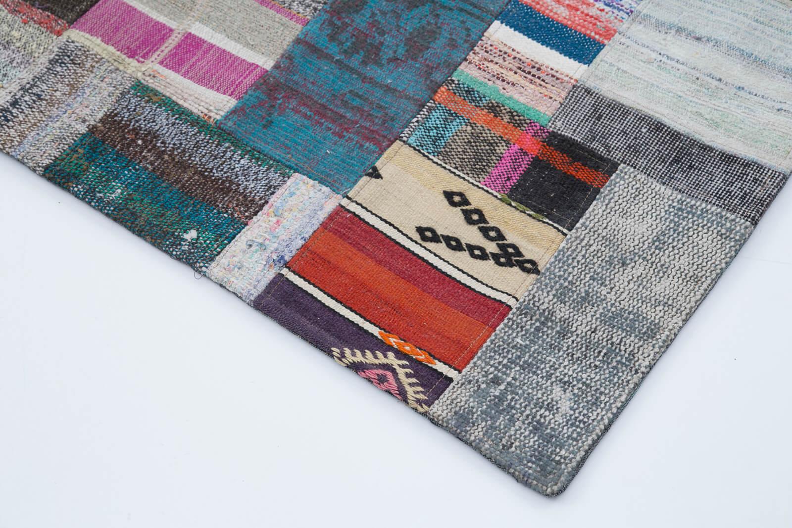 Kırk Yama Gri Patchwork Pamuk Yün El Dokuma Halısı 247x306 Agacan