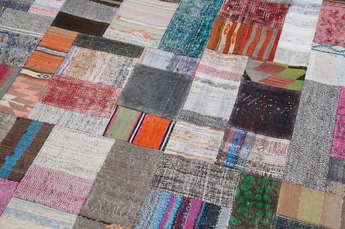 Kırk Yama Gri Patchwork Pamuk Yün El Dokuma Halısı 241x310 Agacan