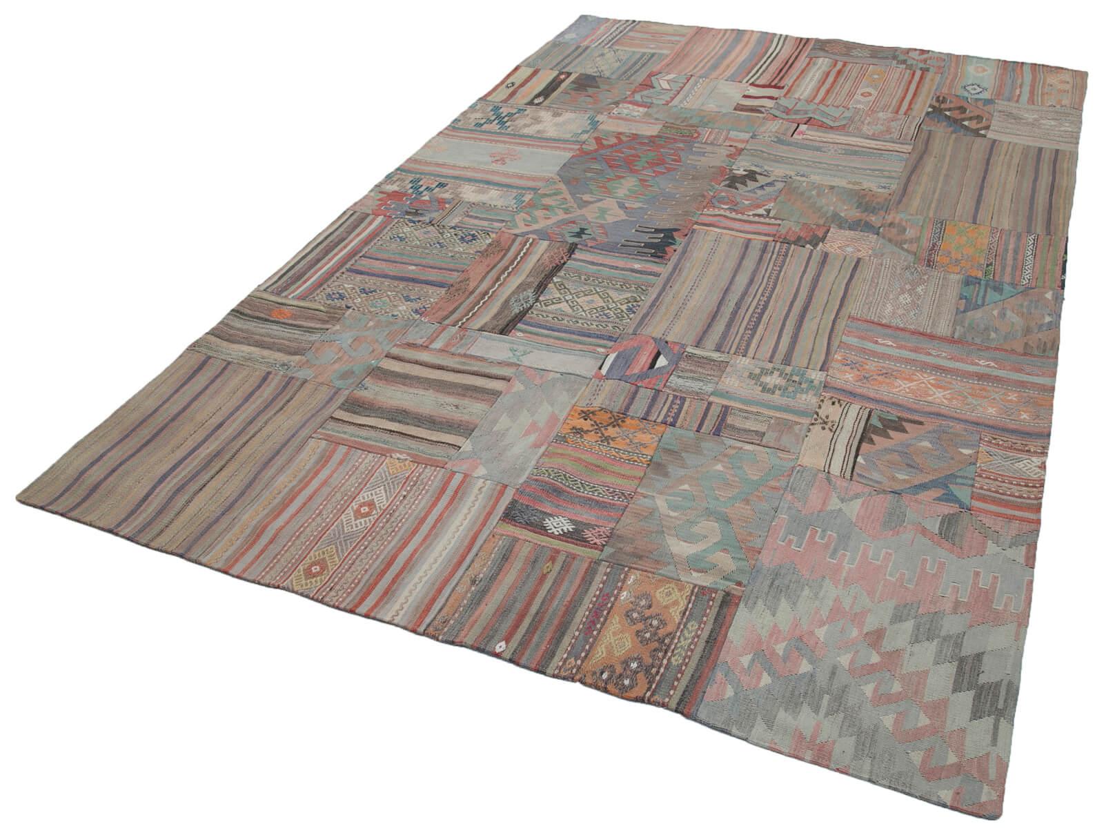 Kırk Yama Gri Patchwork Pamuk Yün El Dokuma Halısı 202x302 Agacan