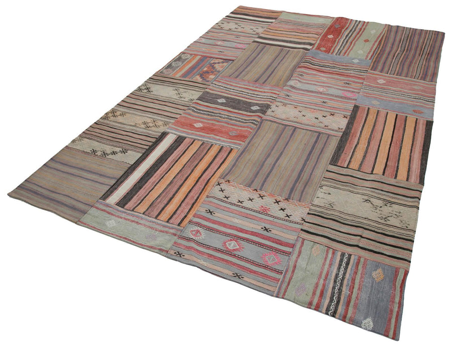 Kırk Yama Kahverengi Patchwork Pamuk Yün El Dokuma Halısı 204x302 Agacan
