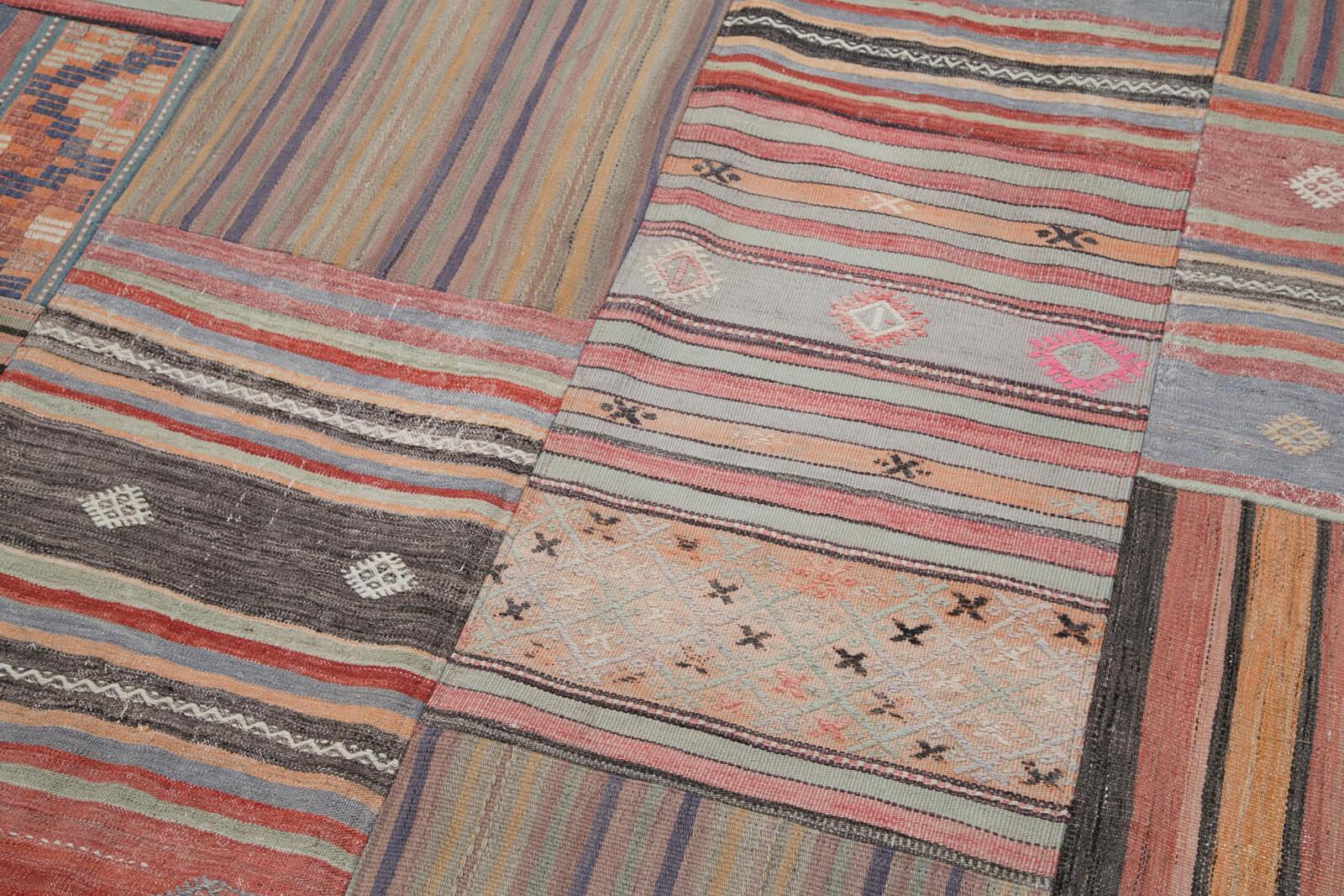 Kırk Yama Kahverengi Patchwork Pamuk Yün El Dokuma Halısı 204x302 Agacan
