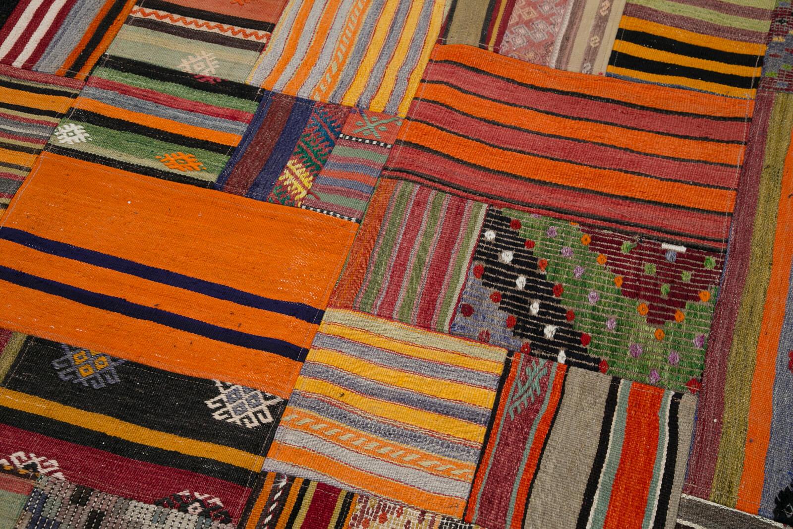 Kırk Yama Turuncu Patchwork Pamuk Yün El Dokuma Halısı 202x300 Agacan