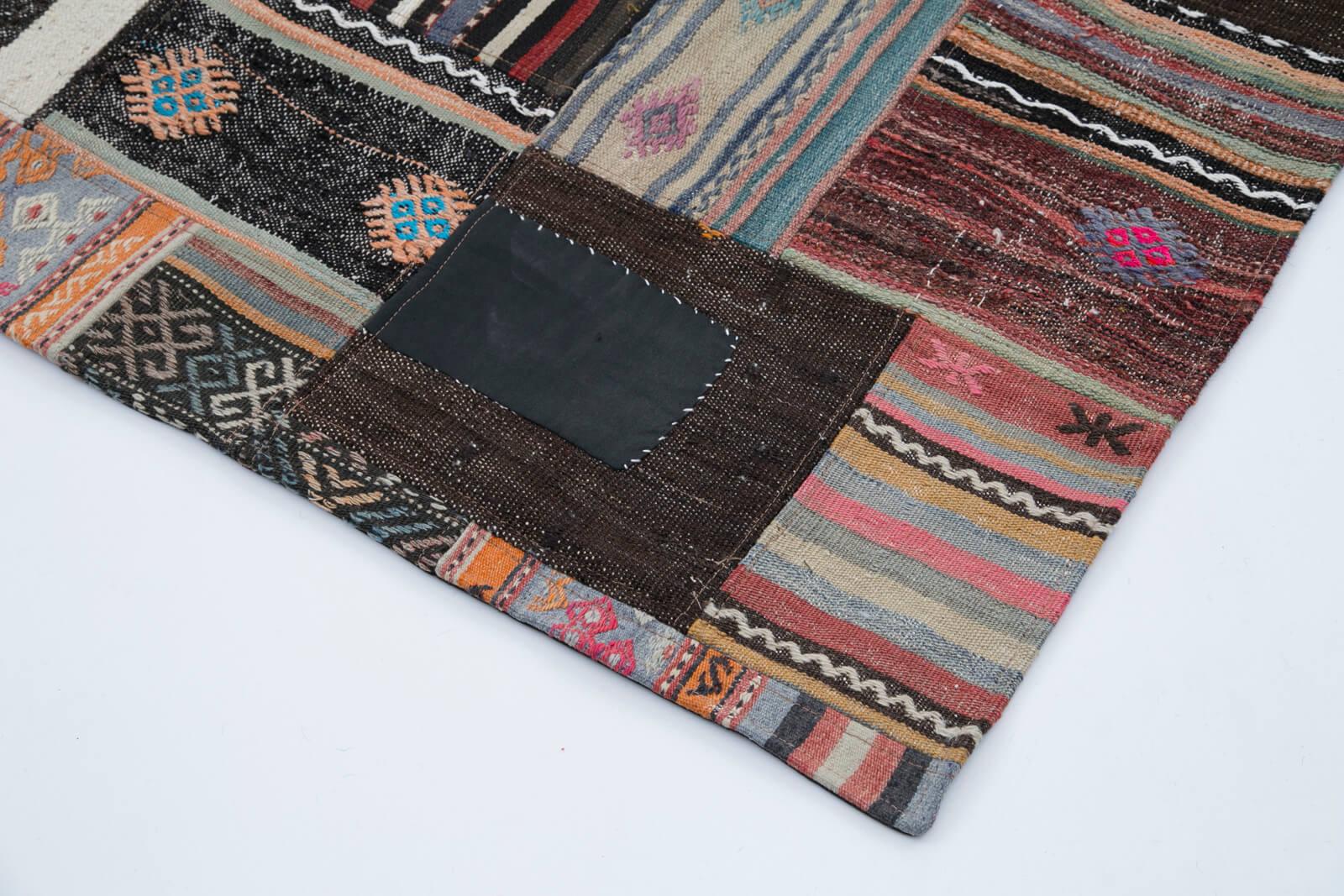 Kırk Yama Kahverengi Patchwork Pamuk Yün El Dokuma Halısı 200x303 Agacan