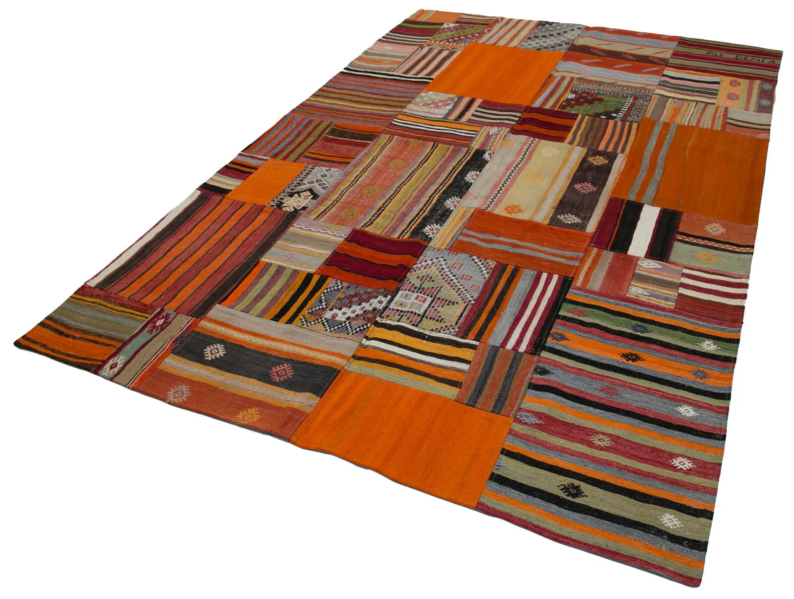 Kırk Yama Turuncu Patchwork Pamuk Yün El Dokuma Halısı 203x300 Agacan