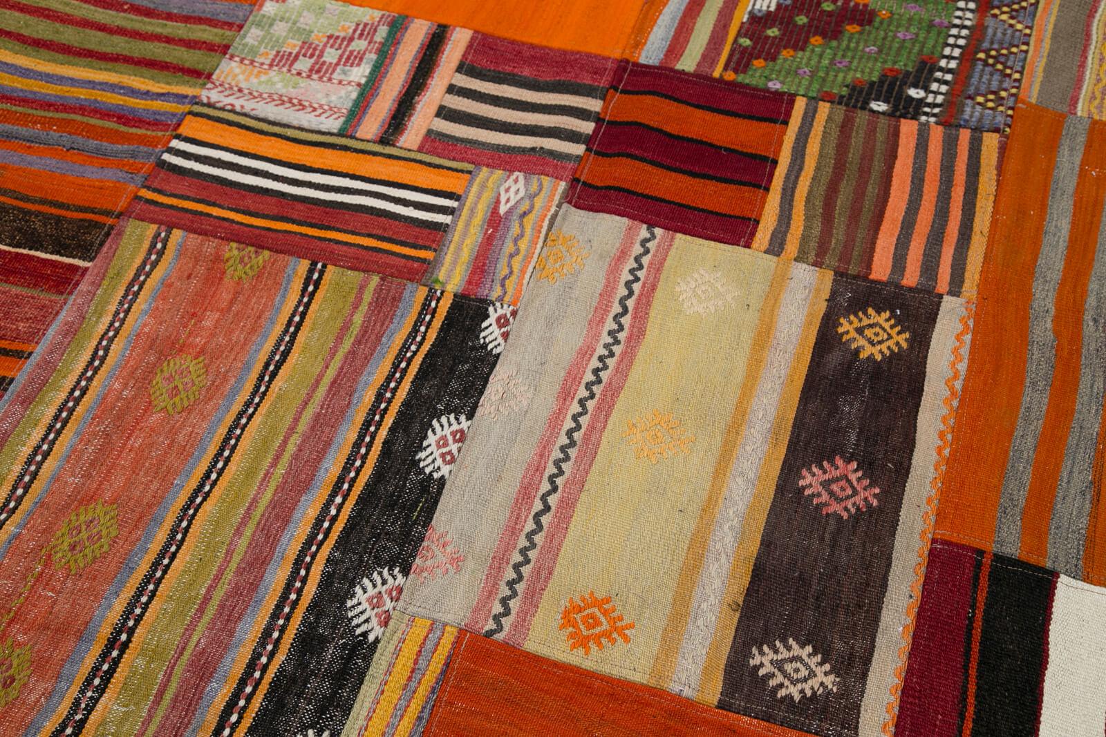 Kırk Yama Turuncu Patchwork Pamuk Yün El Dokuma Halısı 203x300 Agacan