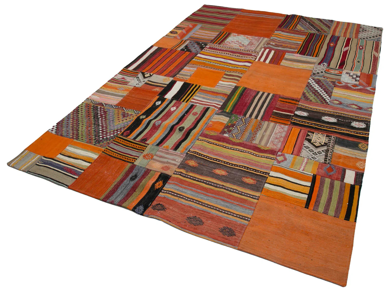 Kırk Yama Turuncu Patchwork Pamuk Yün El Dokuma Halısı 202x300 Agacan