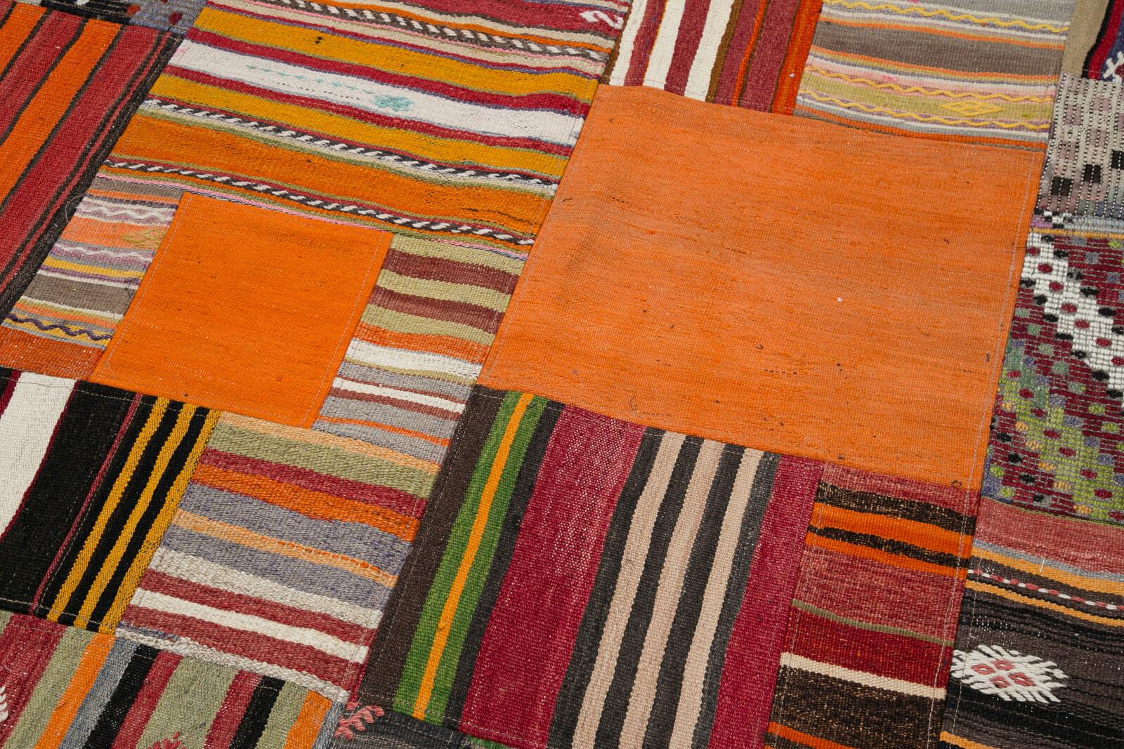 Kırk Yama Turuncu Patchwork Pamuk Yün El Dokuma Halısı 202x300 Agacan